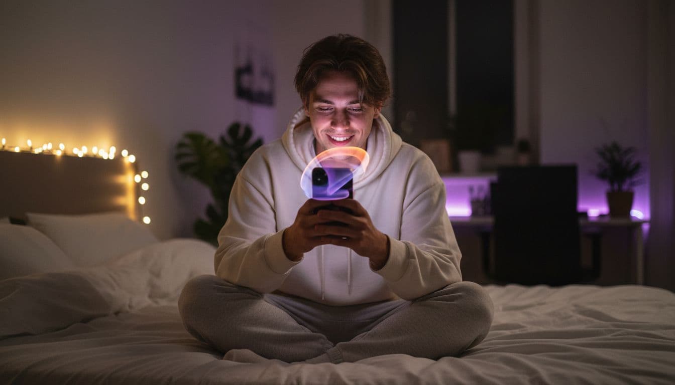 夜、スマートフォンでAIアニメ動画ジェネレーターのカラフルなクリップを見るクリエイター