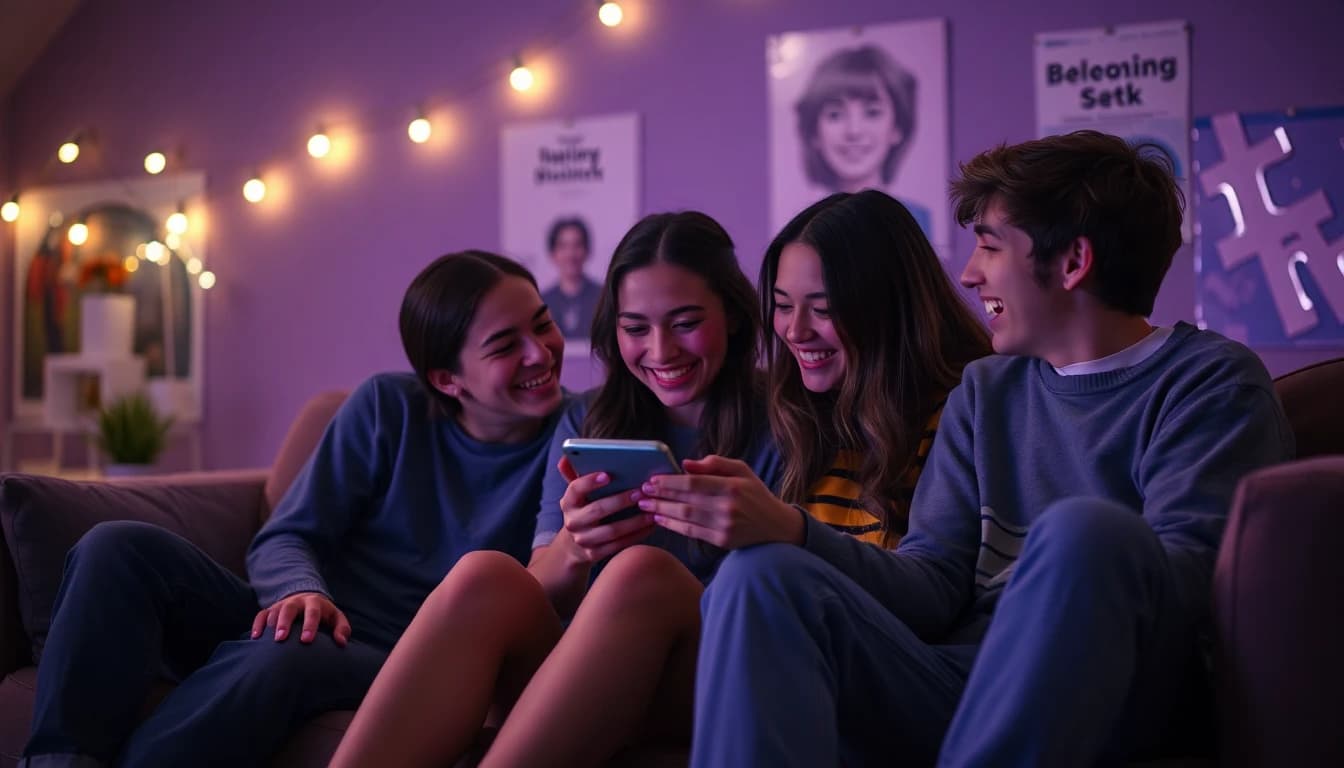 Drie vrienden lachen terwijl ze samen een anime-stijl AI-videoclip bekijken op een telefoon bij schemering