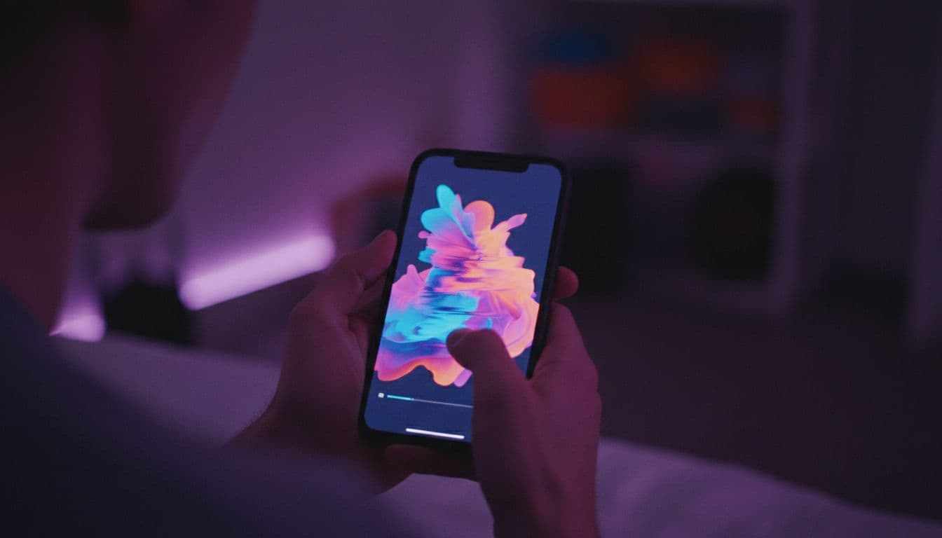 Close-up van handen die een anime-videoprompt op een smartphone typen, kleurrijke gestileerde clip op het scherm