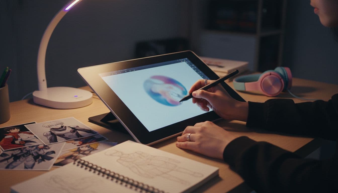 Illustrator schetst een anime-personageconcept op een tablet om een prompt voor een AI anime video generator te plannen