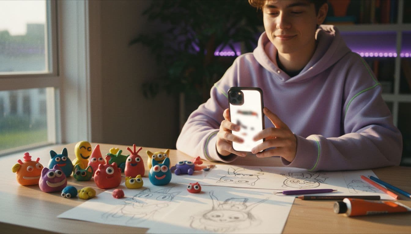 Criador em uma mesa usando um gerador de vídeo cartoon com IA no celular ao lado de bonecos de massinha coloridos e esboços