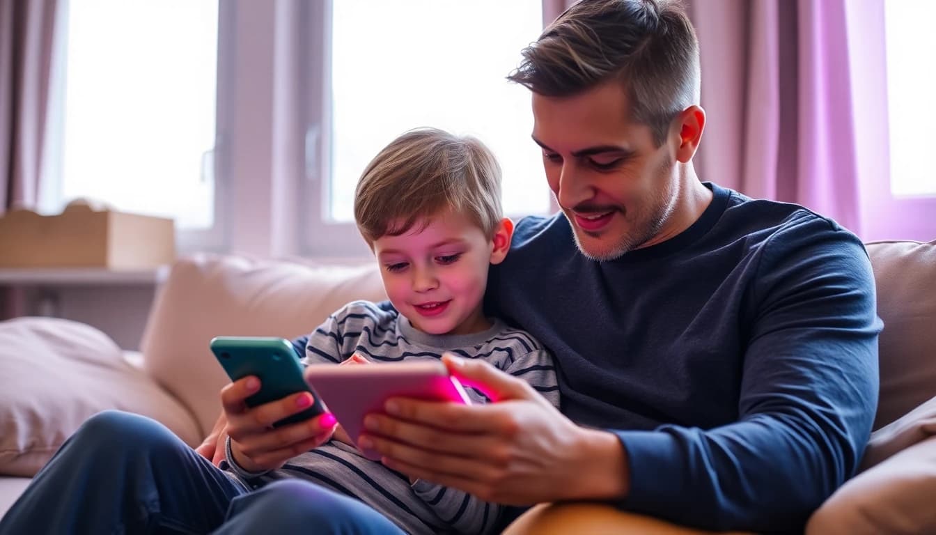 Mãe e filho olhando juntos para um celular que mostra um desenho animado colorido