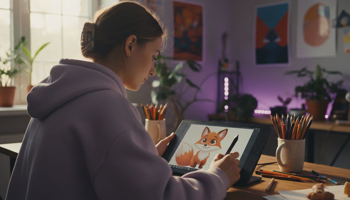 Ilustradora esboçando um personagem de cartoon no tablet antes de usar um gerador de vídeo cartoon com IA