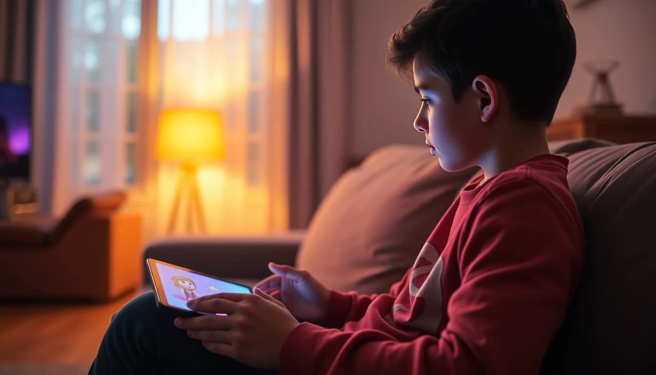 Jovem assistindo a um clipe curto de desenho animado em um tablet em casa
