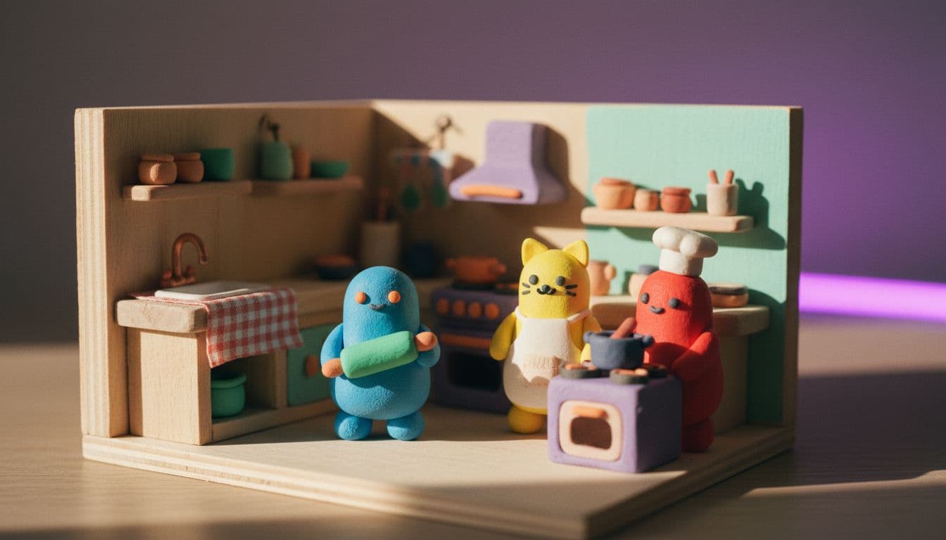 Bonecos de massinha coloridos em um cenário em miniatura feito à mão, fotografados sob luz quente
