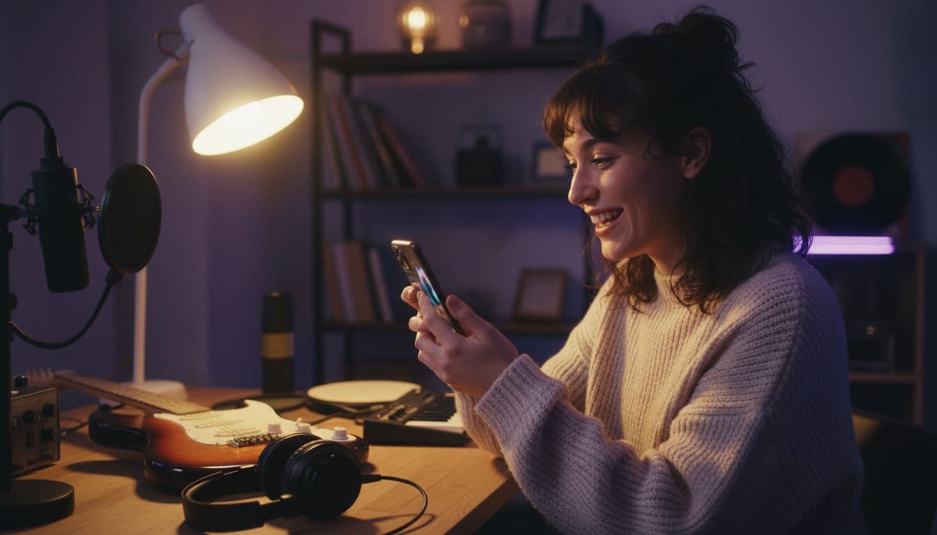 Musician in a home studio watching an AI music video generator clip for their new track on a smartphone