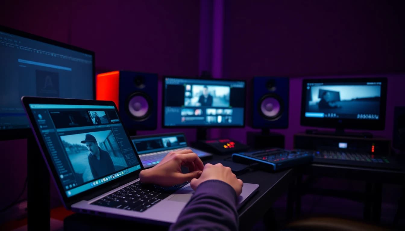 Hands editing video clips on a laptop timeline with studio monitors and a mixing desk, cutting an AI music video to the beat