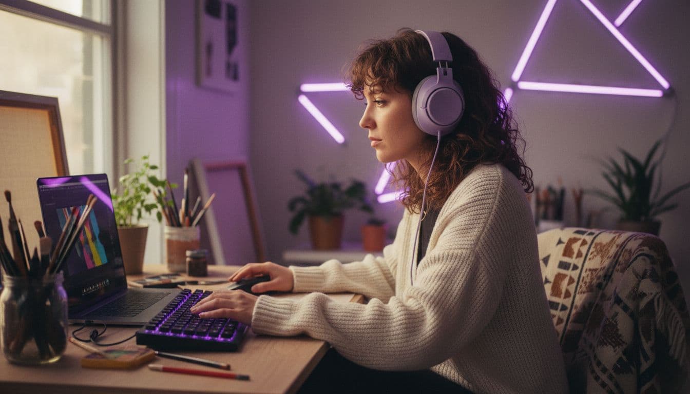 Independent artist reviewing short AI music video clips on a laptop in a small home studio with a keyboard and headphones