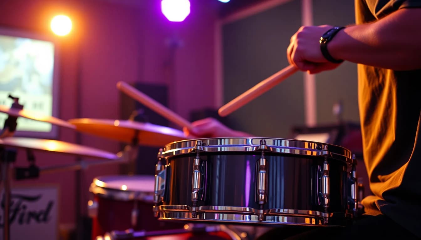 Drummer in a rehearsal room hitting a snare, warm light and motion, ideal source material for an AI music video clip