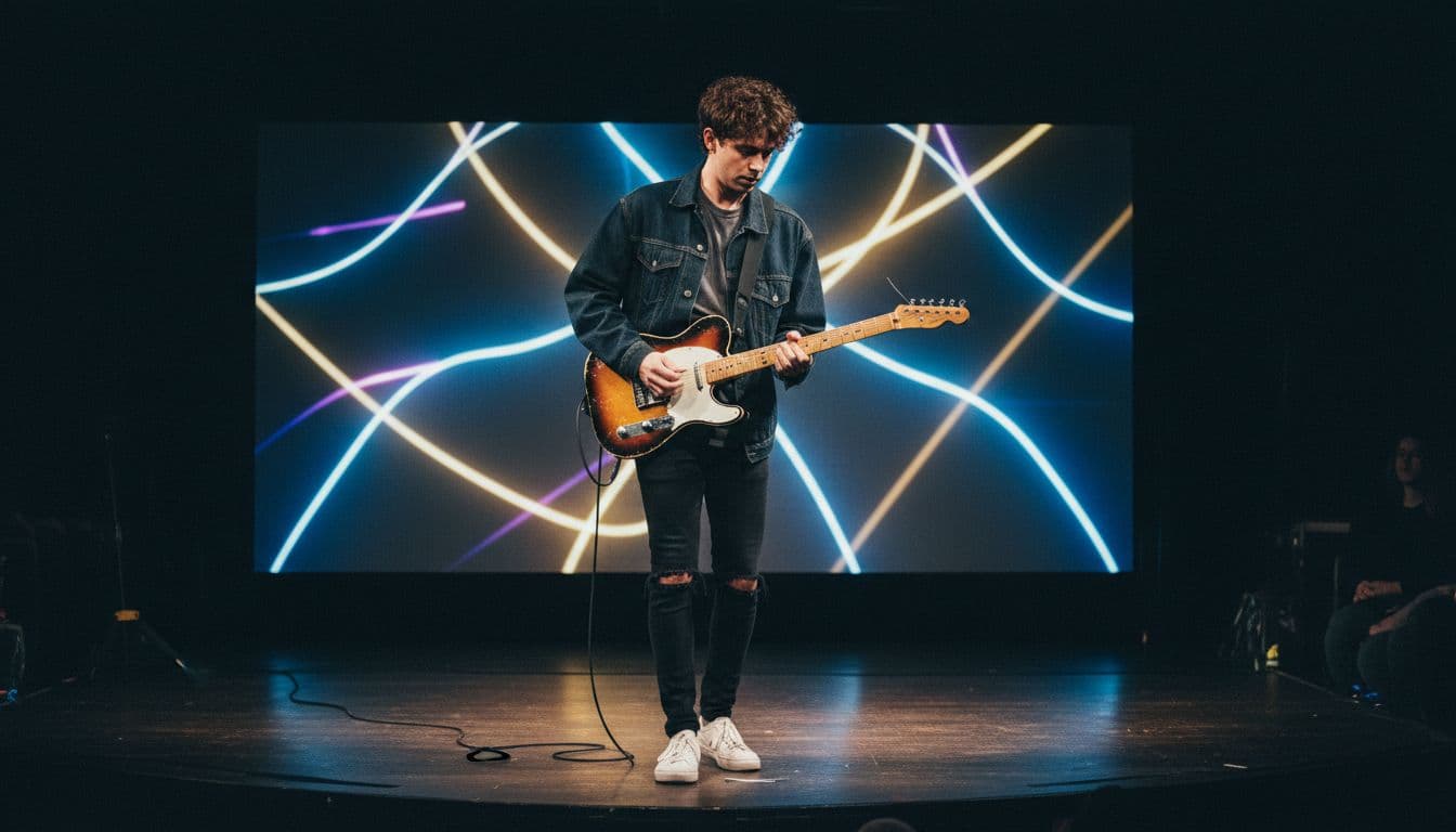 Abstract blue and gold light patterns behind a musician playing guitar, the kind of mood used in an AI music video