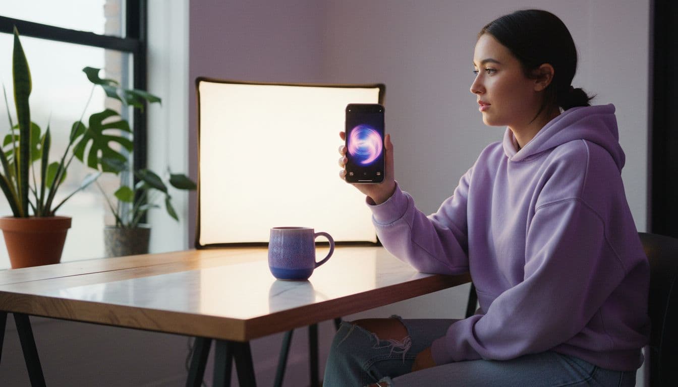 机でスマートフォンを見ながらセラミックマグのAI商品動画を確認する撮影者