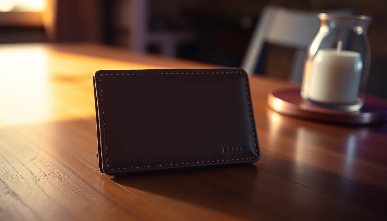 Primer plano de una cartera de cuero con costura visible sobre una mesa de madera iluminada de lado
