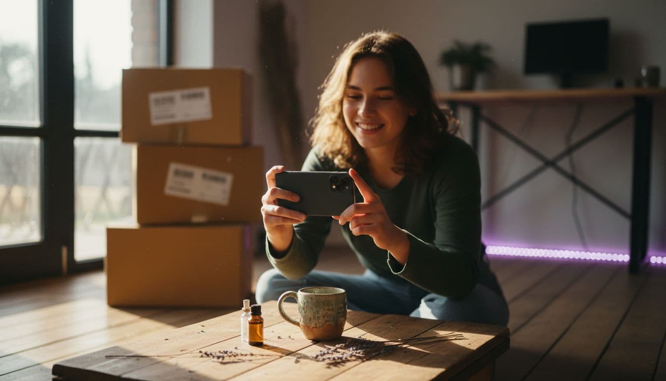 Vendedora fotografiando una taza de cerámica pequeña con el móvil antes de crear un video de producto con IA