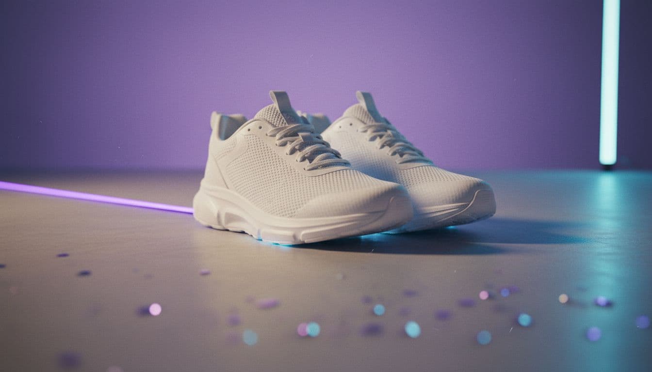 Par de zapatillas de correr blancas sobre una superficie clara iluminada de lado, ejemplo de video de producto con IA en estilo reveal