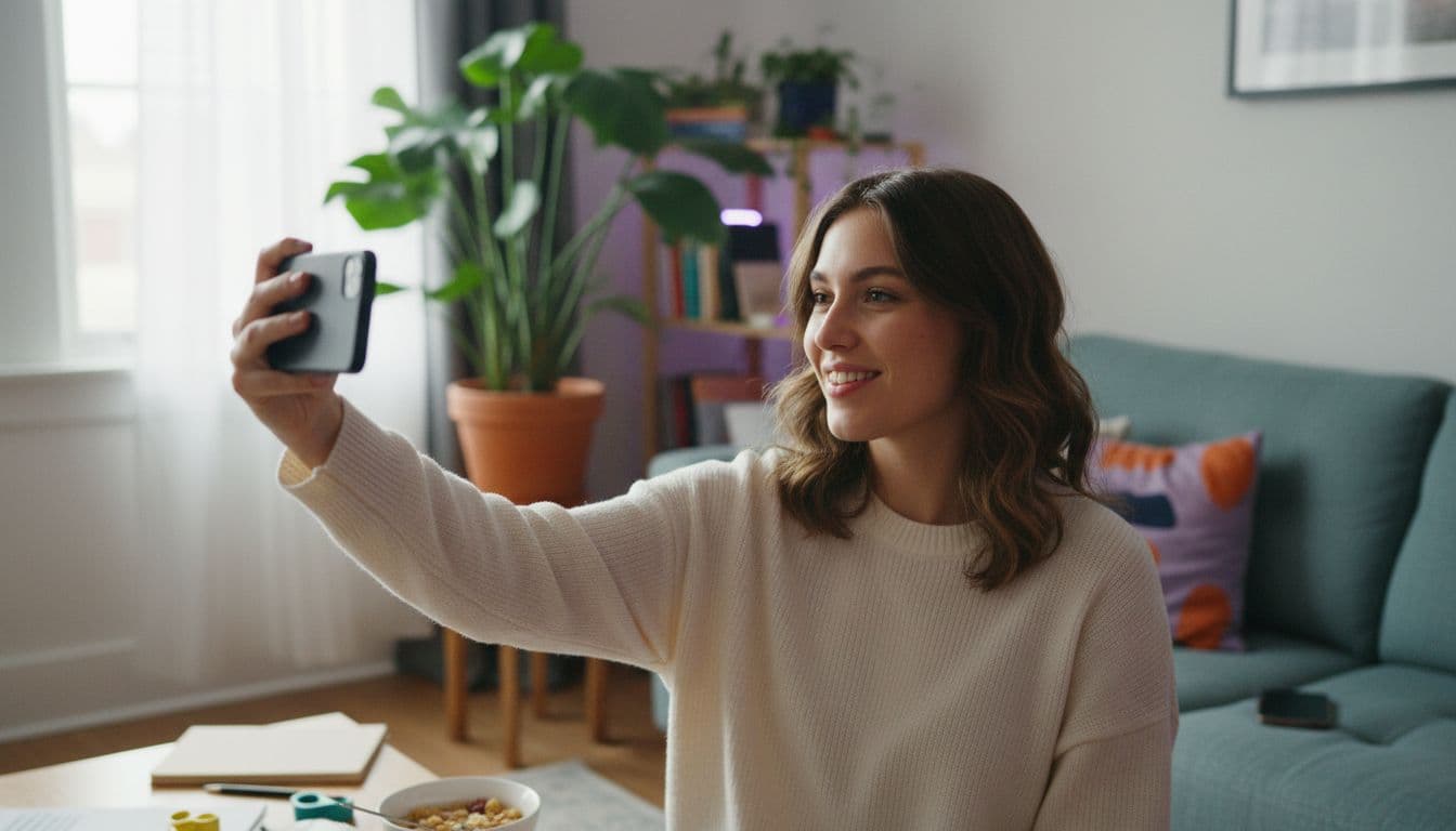 Creatorin hält ein Smartphone im Selfie-Modus und nimmt lockere KI UGC Videos in einer hellen Wohnung auf
