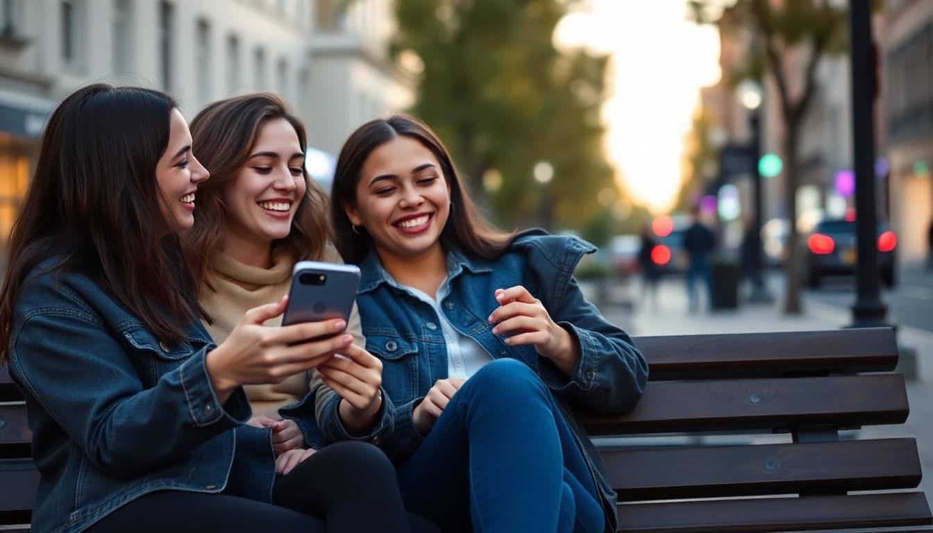街のベンチで、スマートフォンの短いAI UGC動画を一緒に見る友人たち