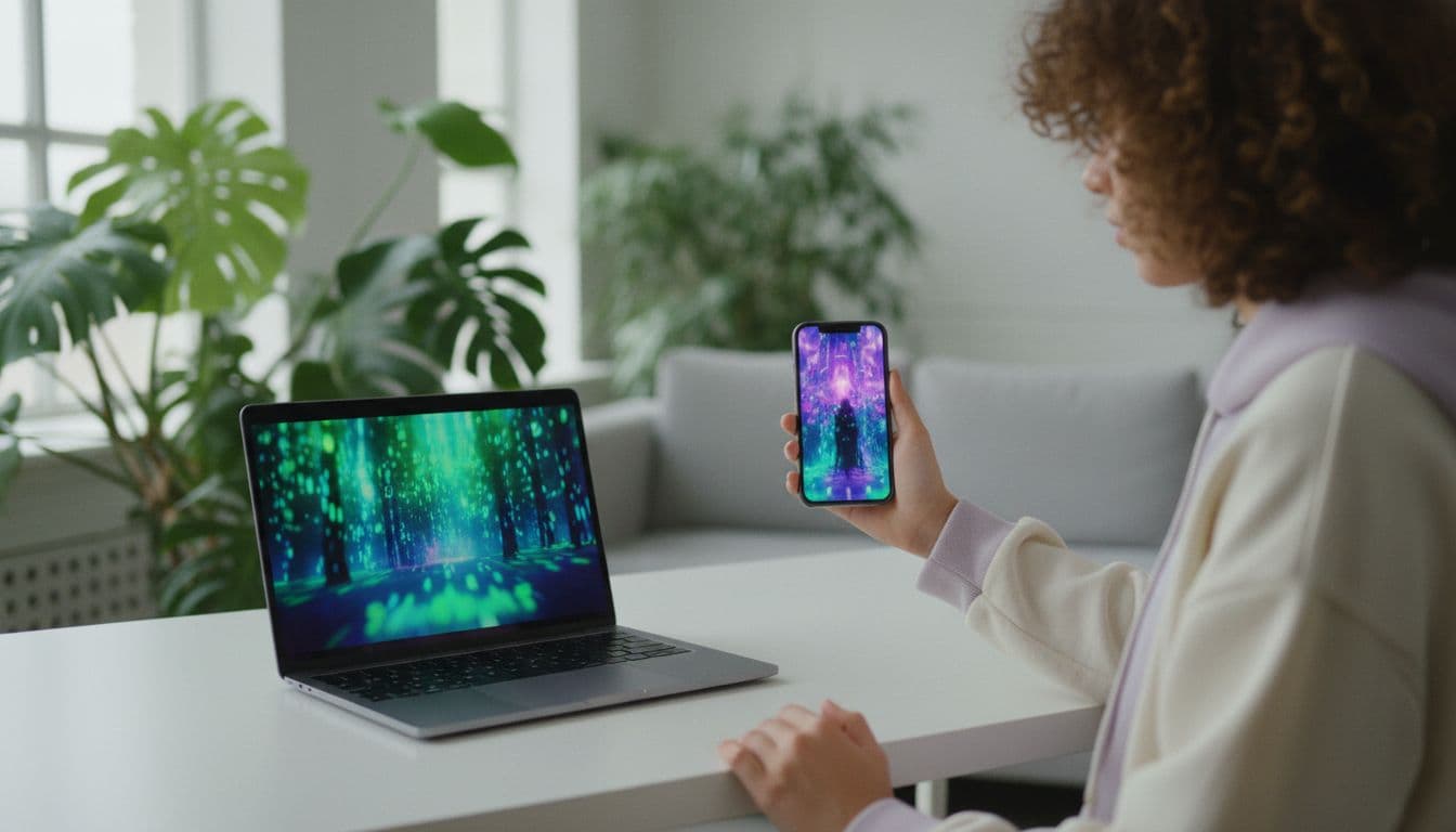 Créatrice tenant un smartphone à la verticale pour vérifier le format vidéo IA à côté d'un ordinateur portable dans un studio lumineux