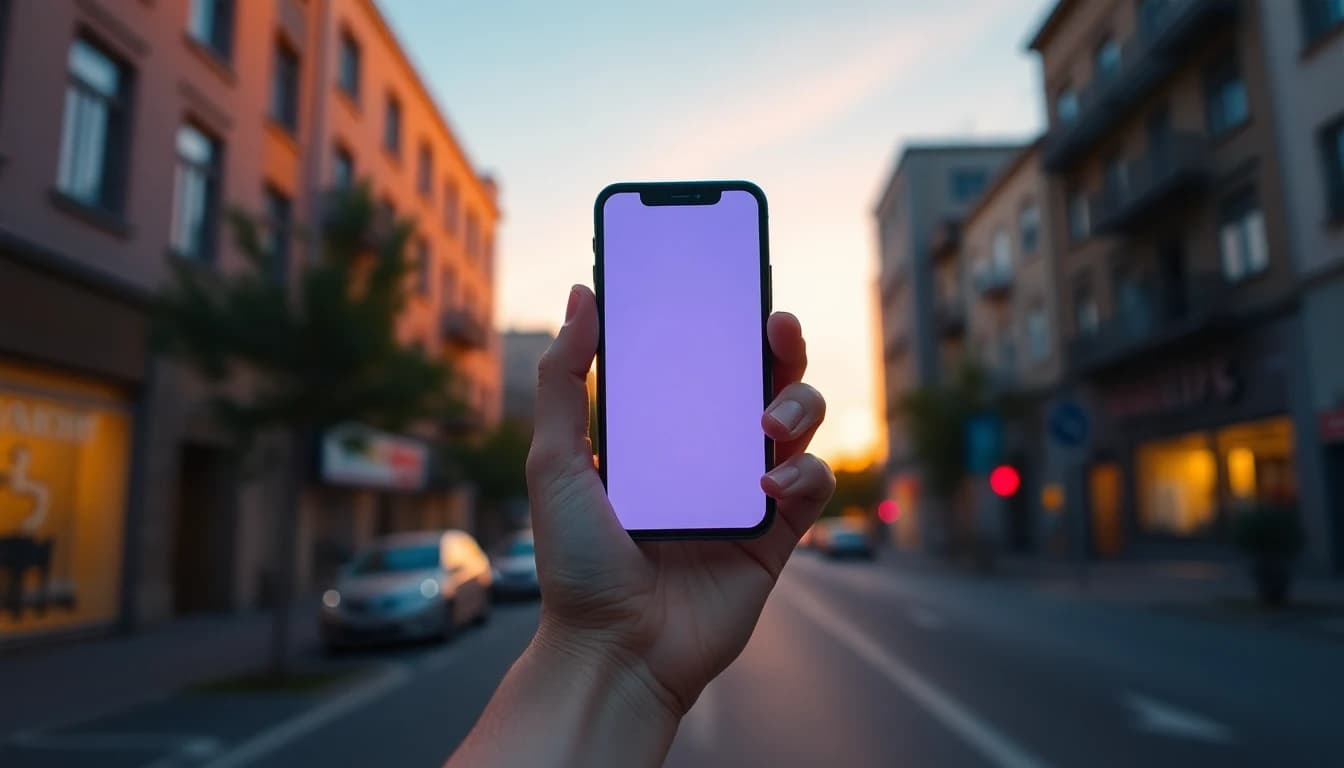 手に縦に持ったスマホ。画面の上下が見え、後ろには静かな通りがぼやけている