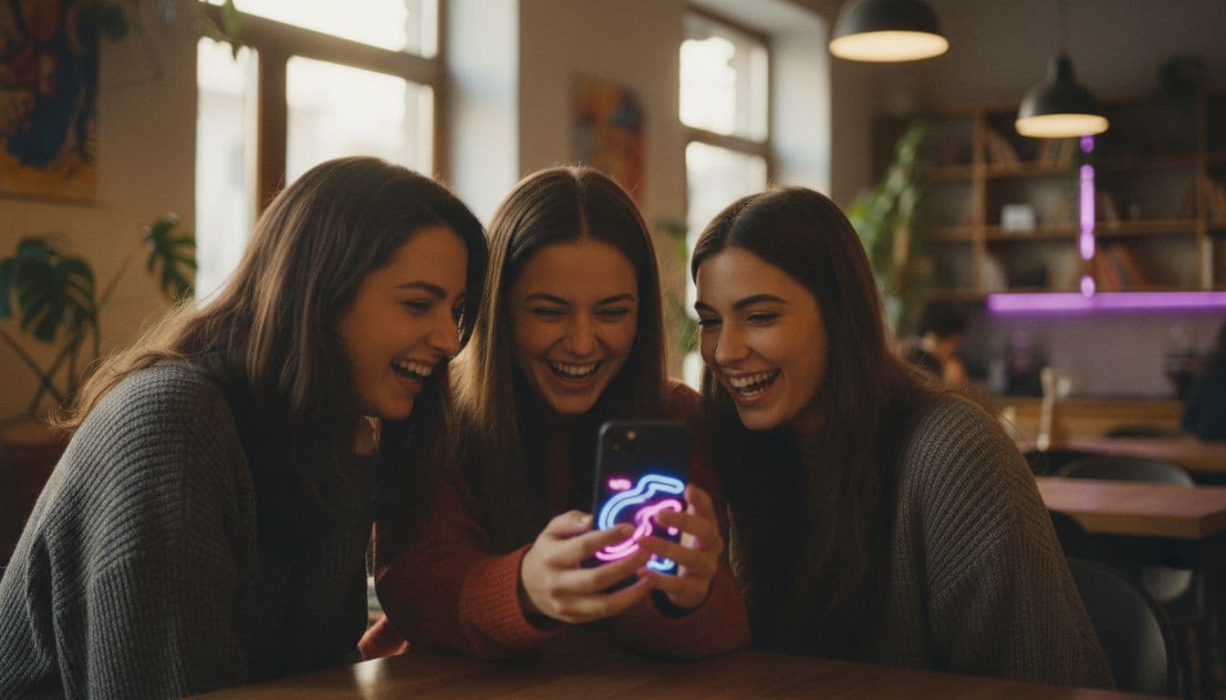 カフェで友人たちがスマホの画面いっぱいに広がる縦動画を見ている様子