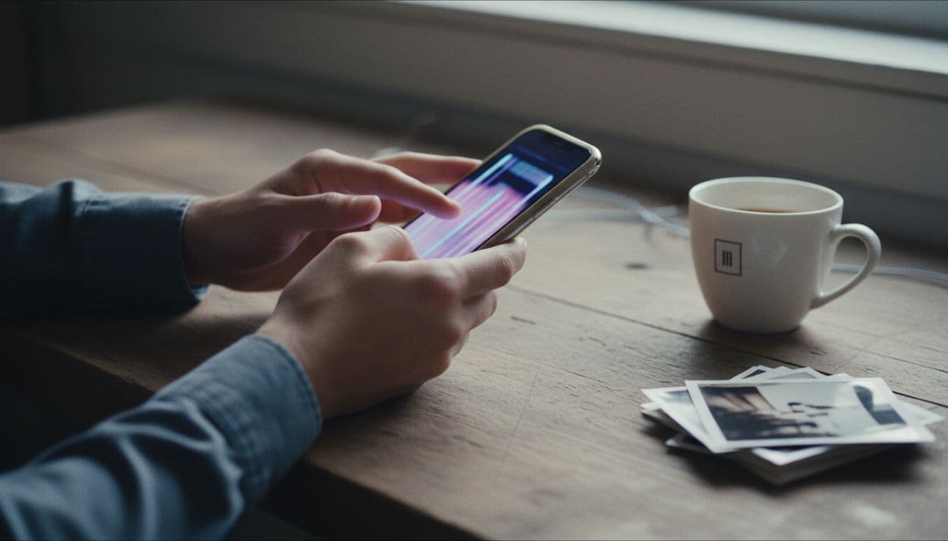 画像からAI動画を生成するジェネレーター用に短い動きのプロンプトをスマホに入力する人のクローズアップ