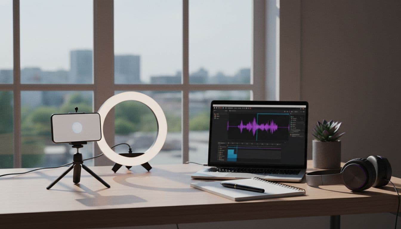 Compact content creator desk with a smartphone on a tripod, ring light and laptop for making AI video generator app content