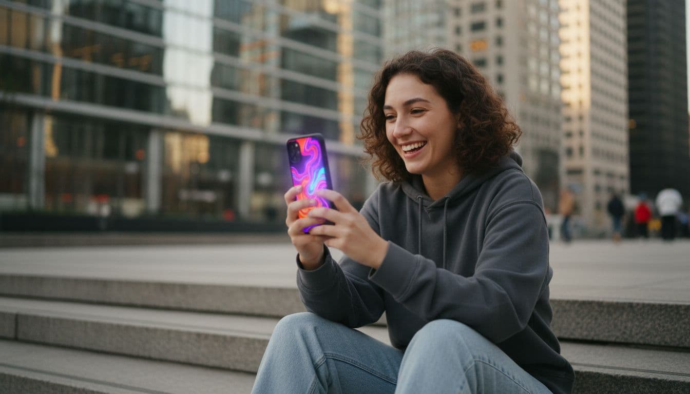 Creator sitting on outdoor steps at golden hour, smiling at a colorful clip made with an AI video generator app on their phone