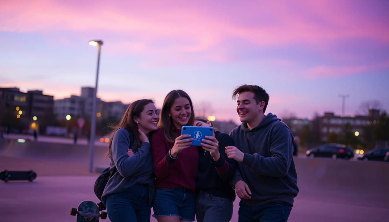 Three friends at a skatepark at dusk laughing while watching a clip made with an AI video generator app on one phone