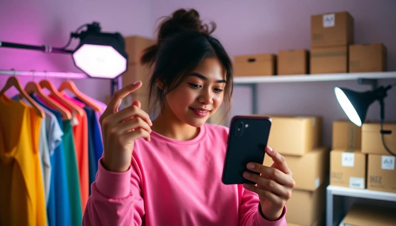 Small clothing brand owner filming a product video on her phone in a home studio