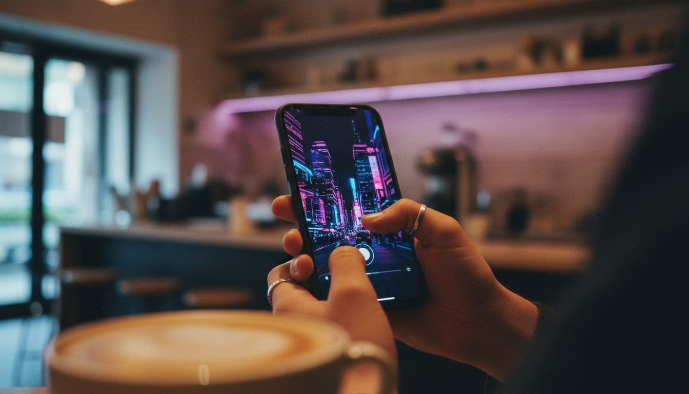 Close-up of hands typing a prompt into an AI video generator app on a smartphone in a cafΓ©