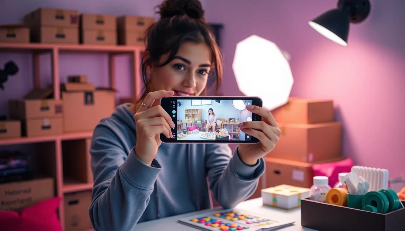 Small business owner filming a product clip on a phone in a home studio
