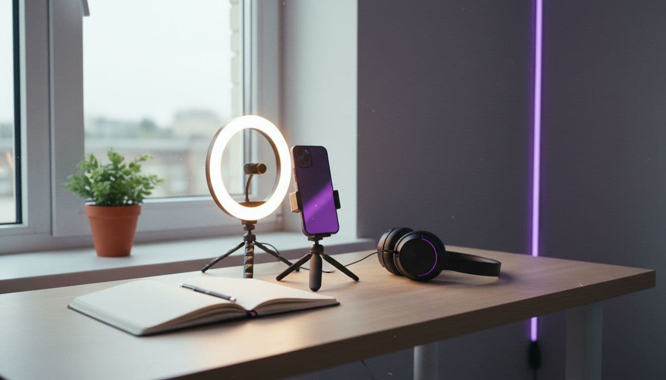 Escritorio de creador con un smartphone en un trípode pequeño, aro de luz y libreta preparados para grabar clips verticales