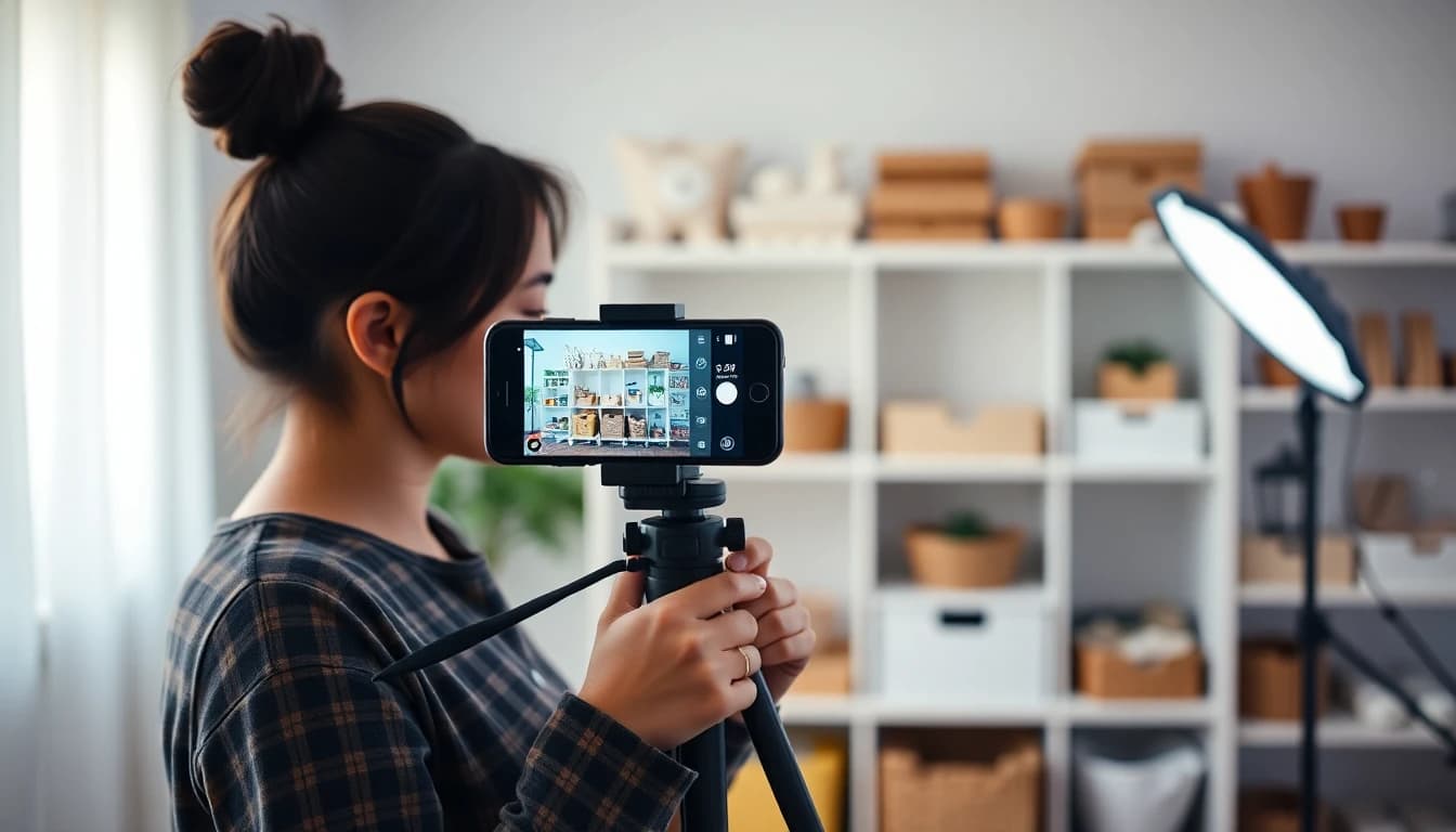 明るい自宅スタジオでスマートフォンを使って商品クリップを撮影する小規模事業主
