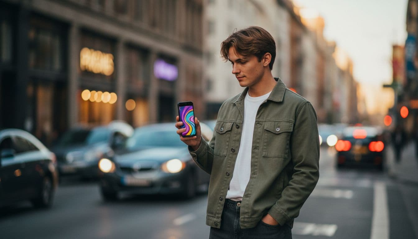 アップロード前にスマートフォンを縦に持ってAI動画を確認する若いクリエイター