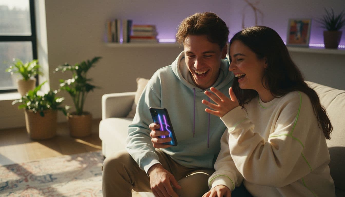 Amiga sosteniendo un smartphone con un clip corto hecho con un generador de video IA desde texto