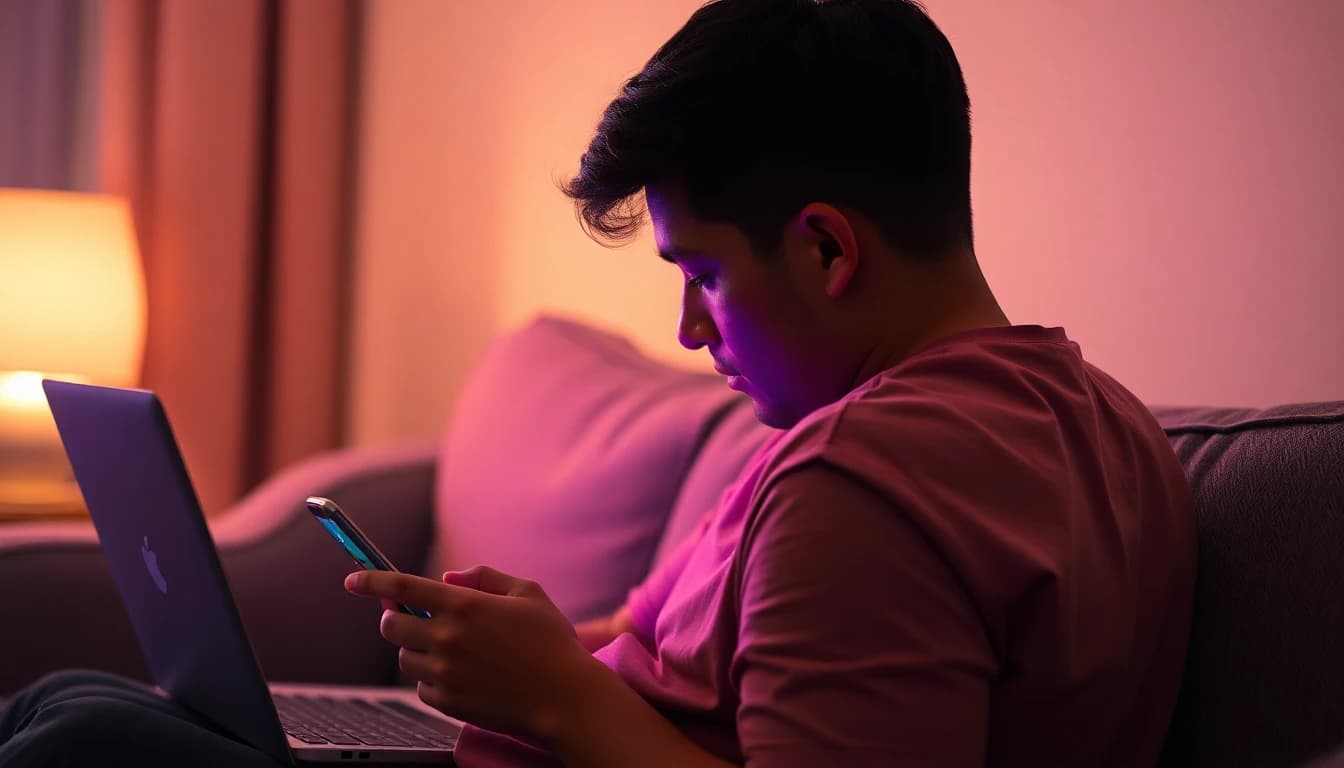 Person klappt den Laptop zu und betrachtet ein fertiges Video auf dem Handy, entspanntes Abendlicht zu Hause