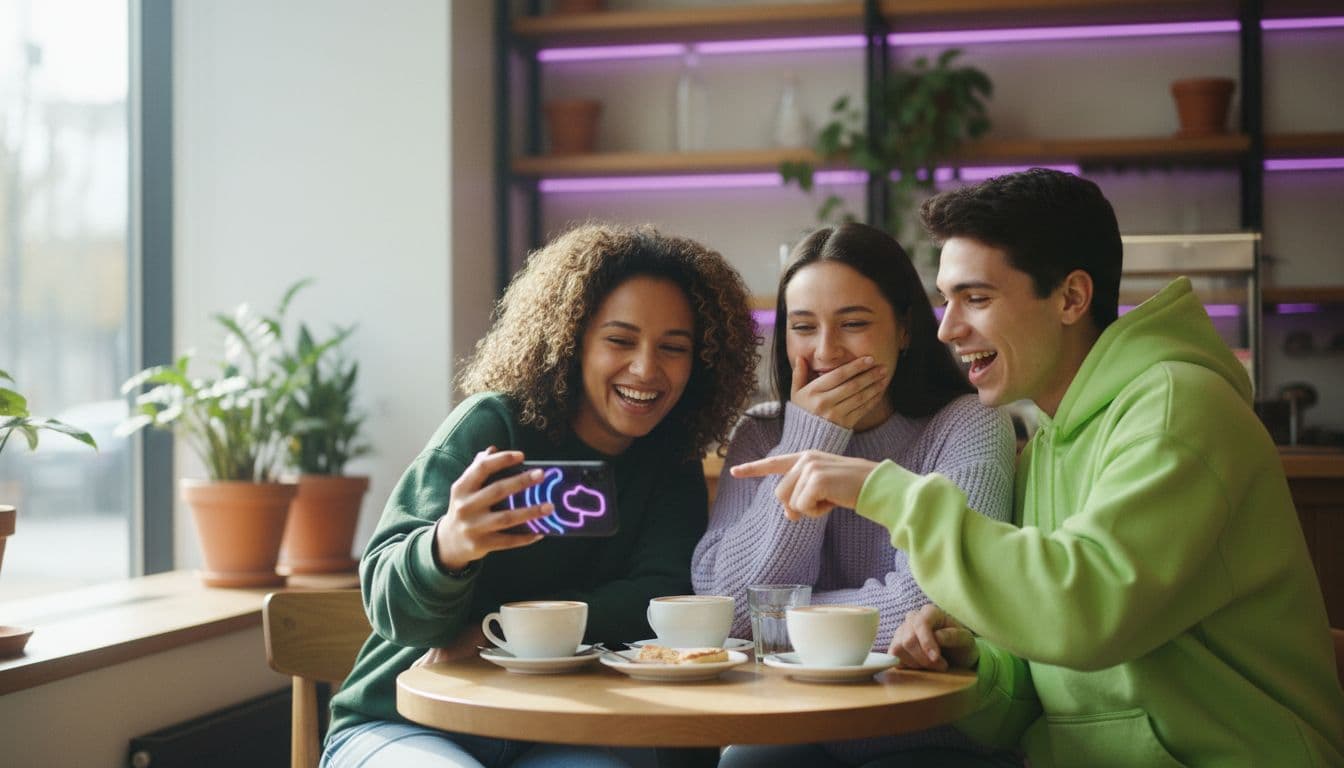 Freunde schauen gemeinsam einen kurzen KI-Clip auf dem Smartphone in einem hellen Café