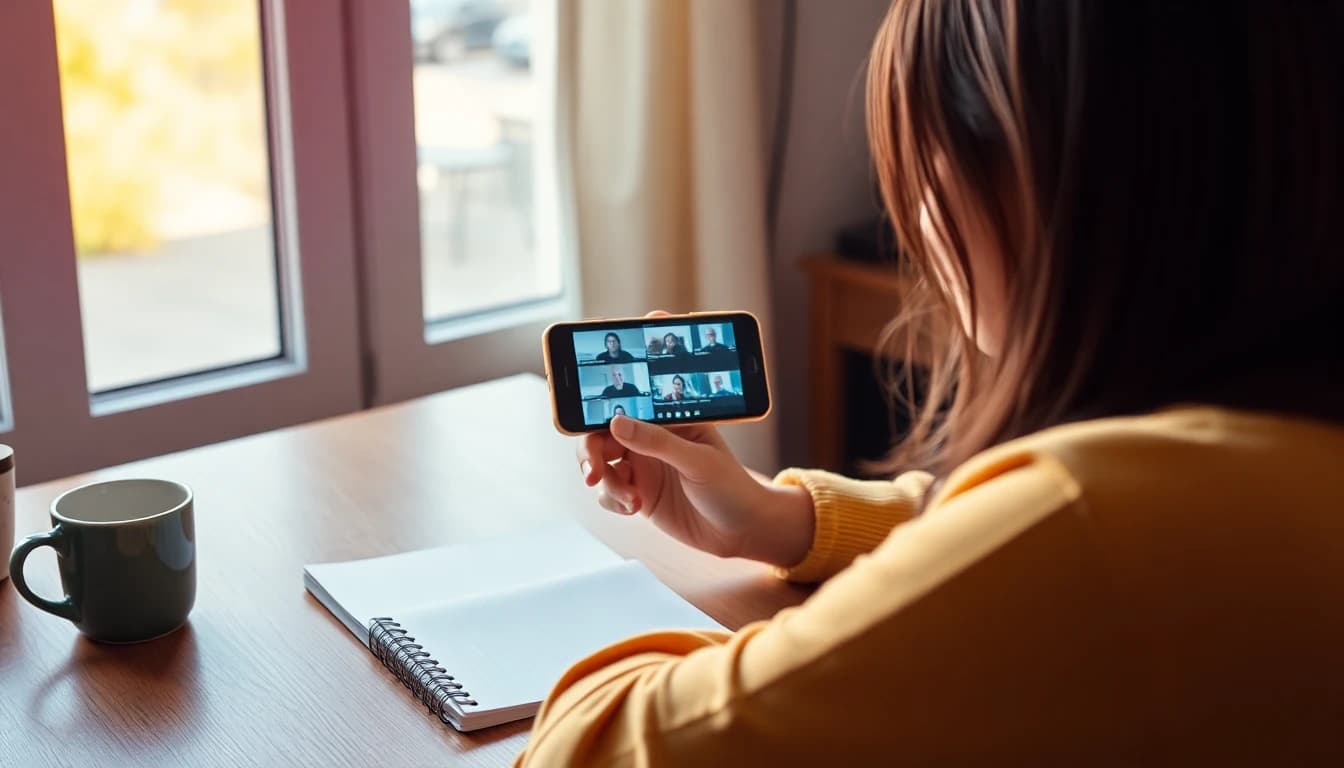 Junge Kreative prüft am Schreibtisch mehrere kurze Video-Entwürfe auf dem Handy, Notizbuch und Kaffee daneben