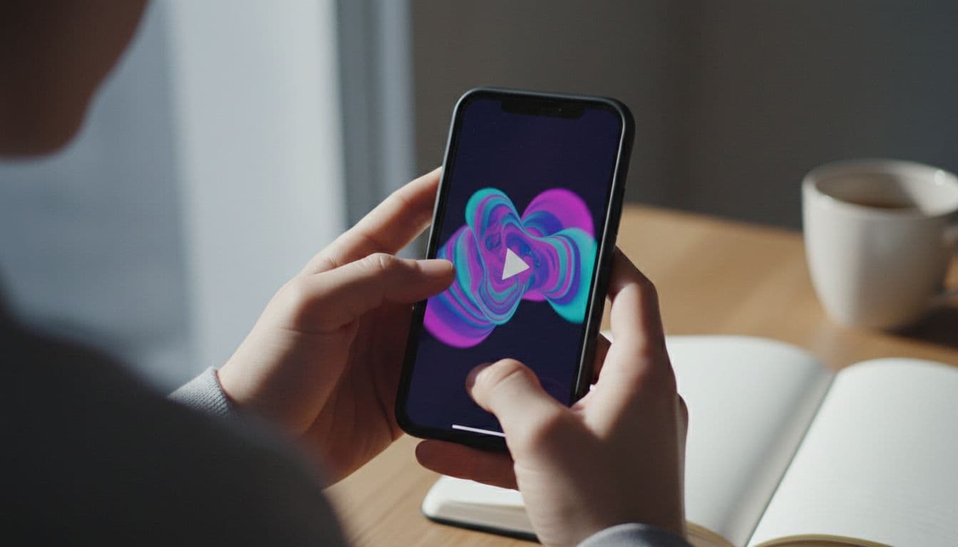 Nahaufnahme von Händen, die ein Smartphone halten, auf dem ein vertikaler Videoclip generiert wird, weiches Fensterlicht