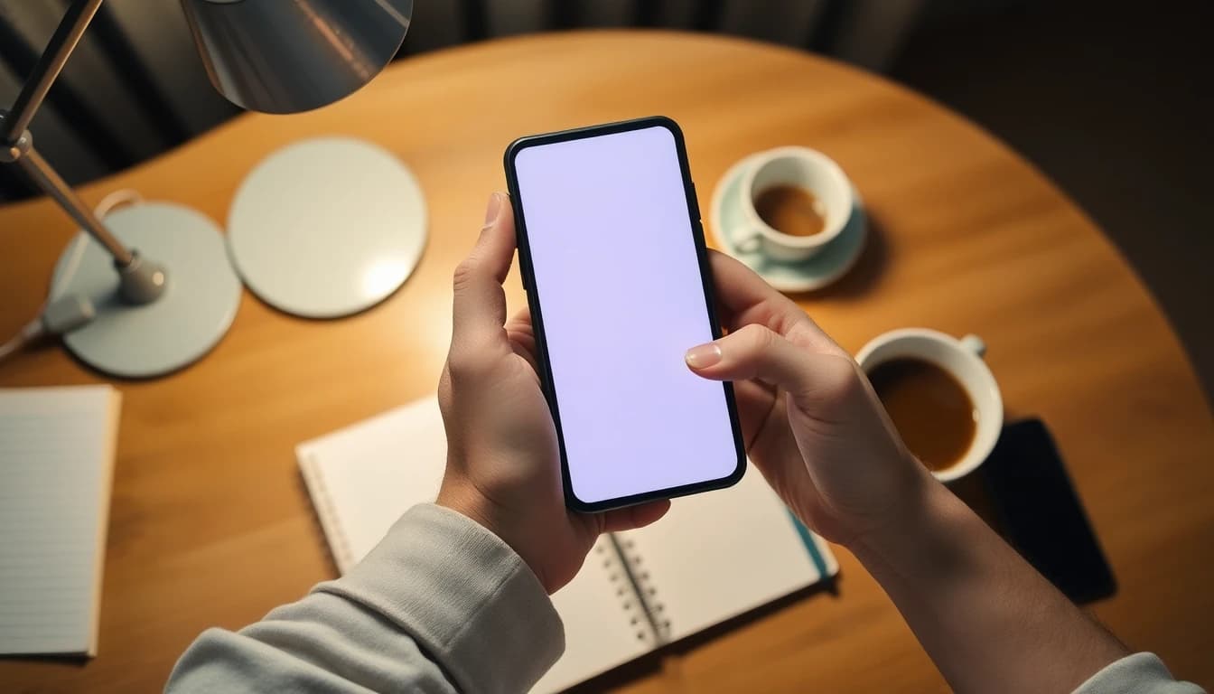 Hands holding a smartphone showing an AI video maker at a wooden desk with a notebook