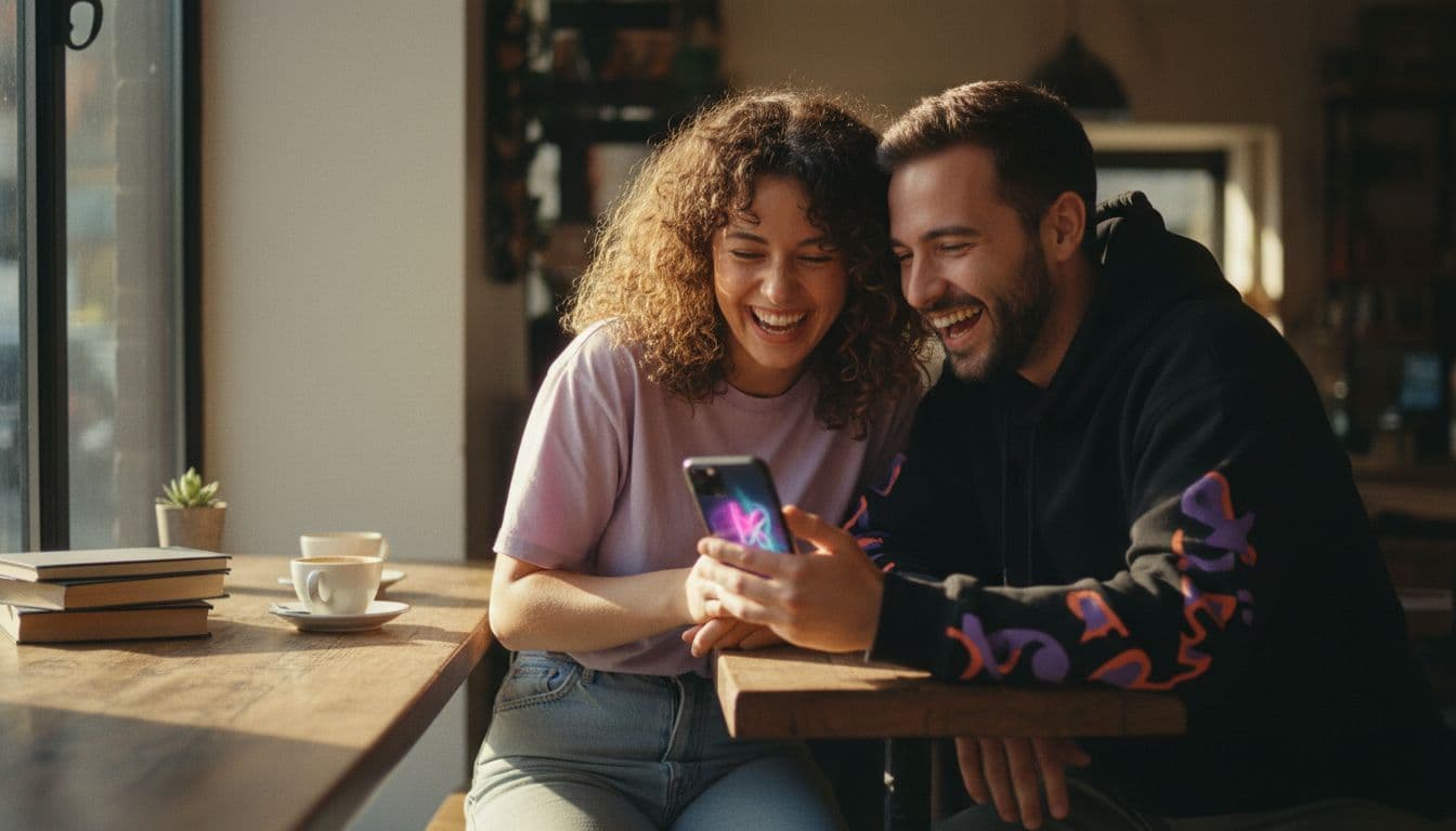 Vrienden kijken in een café naar een clip gemaakt met een gratis AI video maker op een smartphone