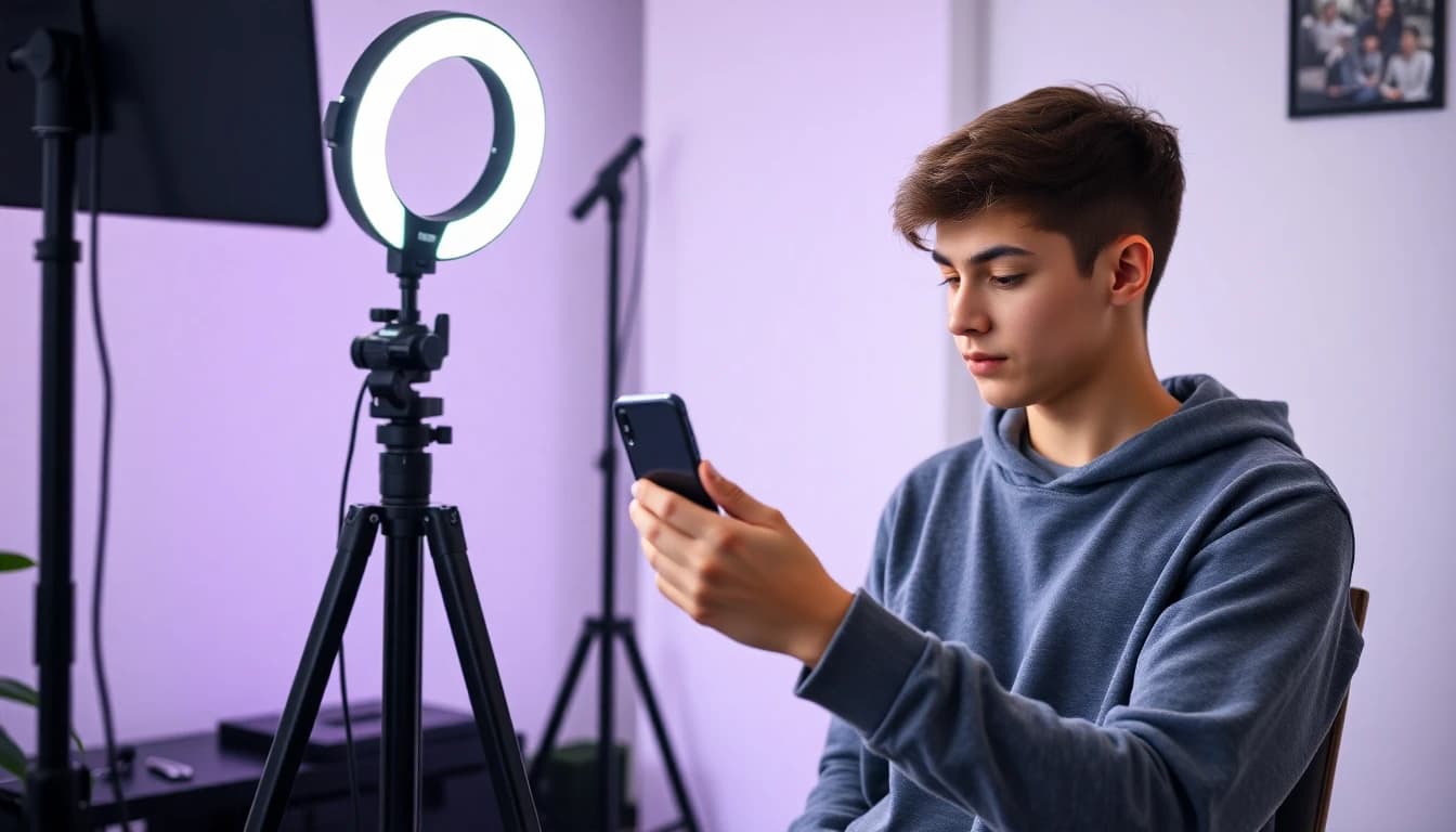 Creator prüft ein kurzes Hochformat-Video auf dem Handy neben Stativ und Ringlicht