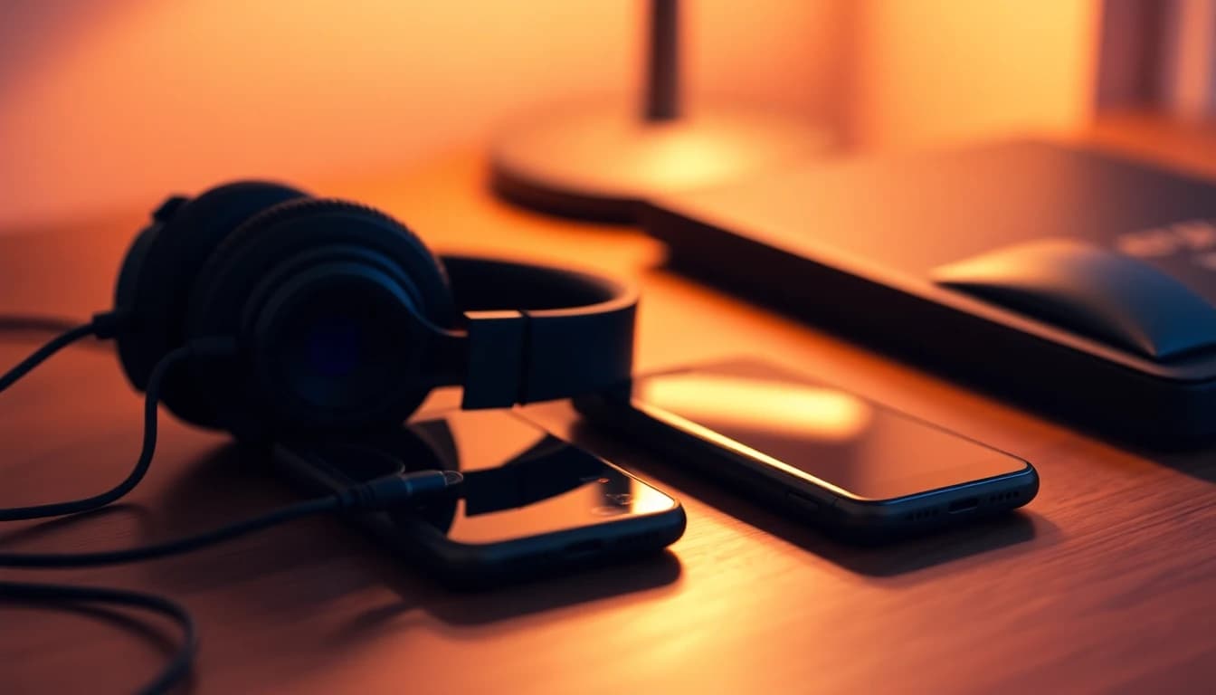 Studiokoptelefoon naast een smartphone op een houten bureau in warm licht, als beeld voor geluid bij realistische AI-video