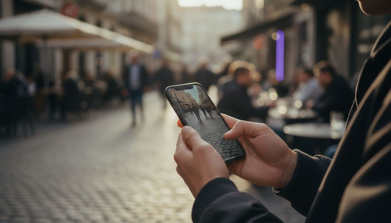 Handen houden een smartphone vast met een natuurlijk ogend straatbeeld gemaakt met een realistische AI video generator