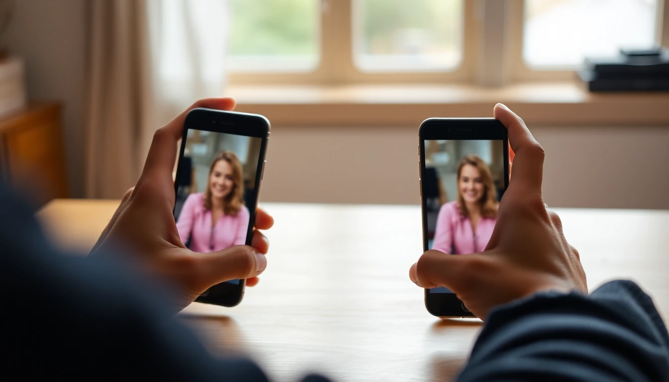 Persoon vergelijkt aan een bureau twee smartphonevideo's naast elkaar om te zien welke AI-clip echter oogt