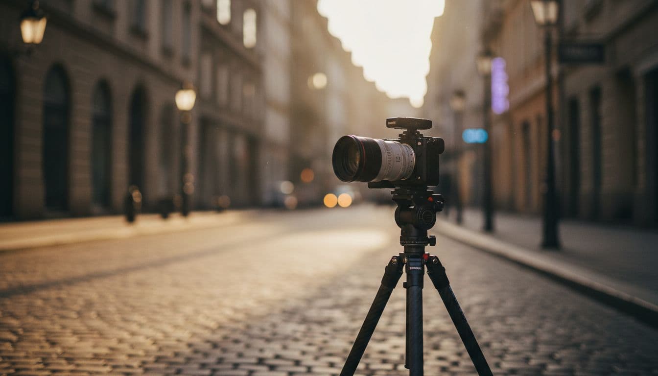 Camera met vaste lens op een statief in een rustige straat tijdens het gouden uur, het soort opstelling achter een prompt voor een realistische AI video generator