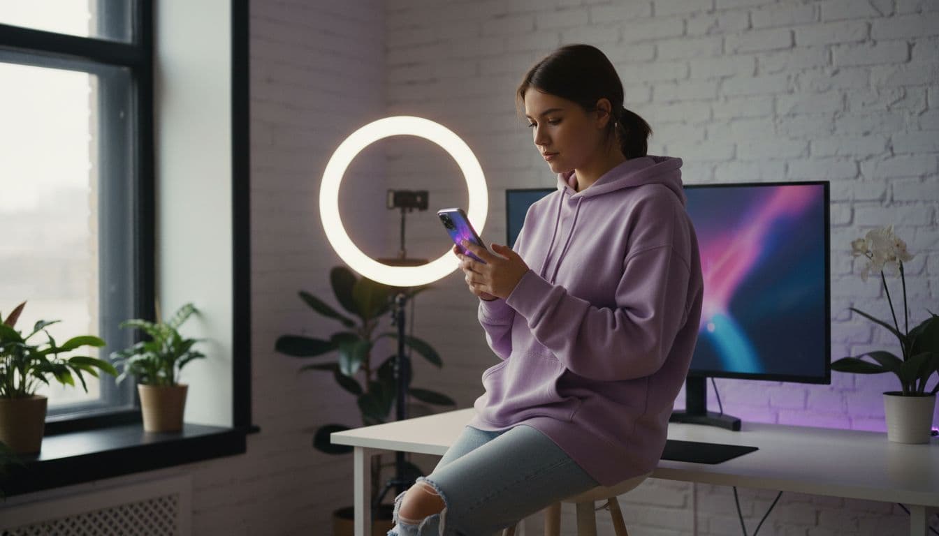 Creator prüft KI Video Trends 2026 auf einem Smartphone in einem hellen Studio
