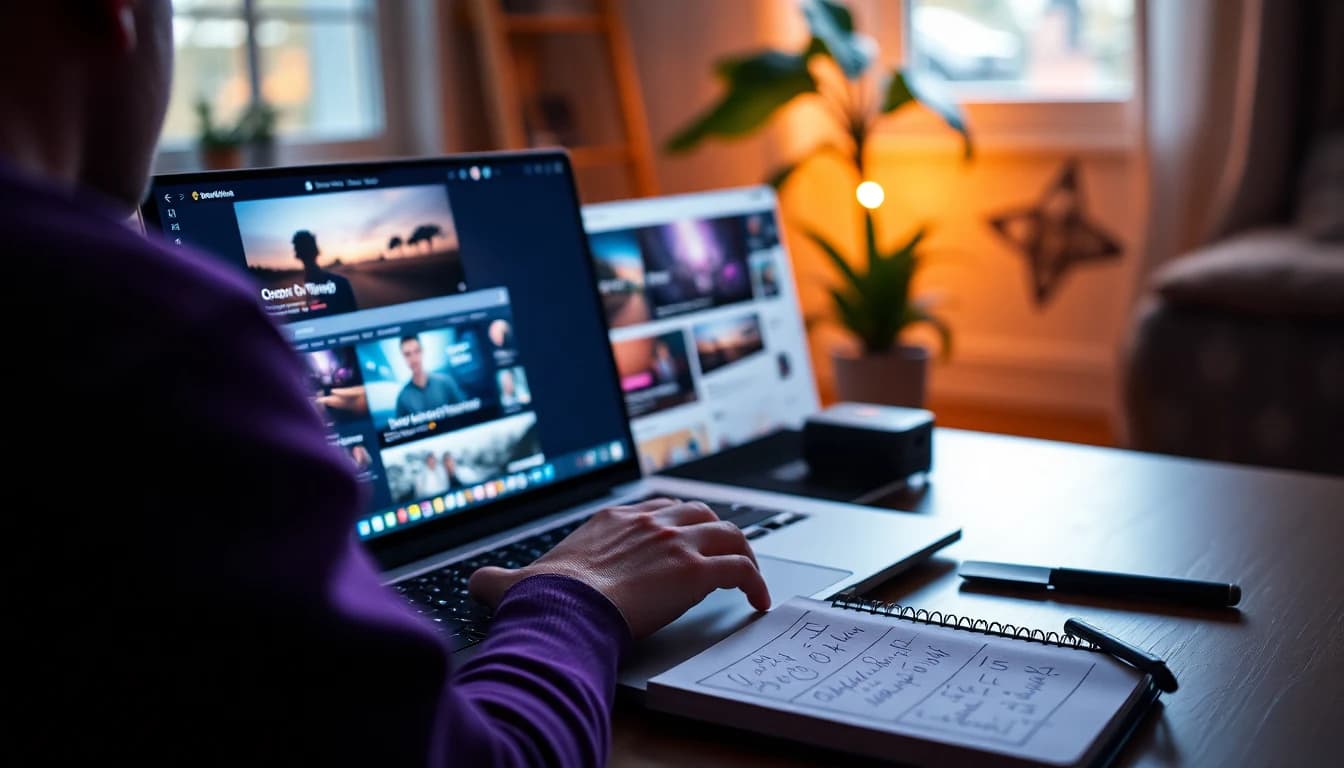 Creator am Laptop mit mehreren Videoentwürfen und Ersatzideen auf einem Notizblock