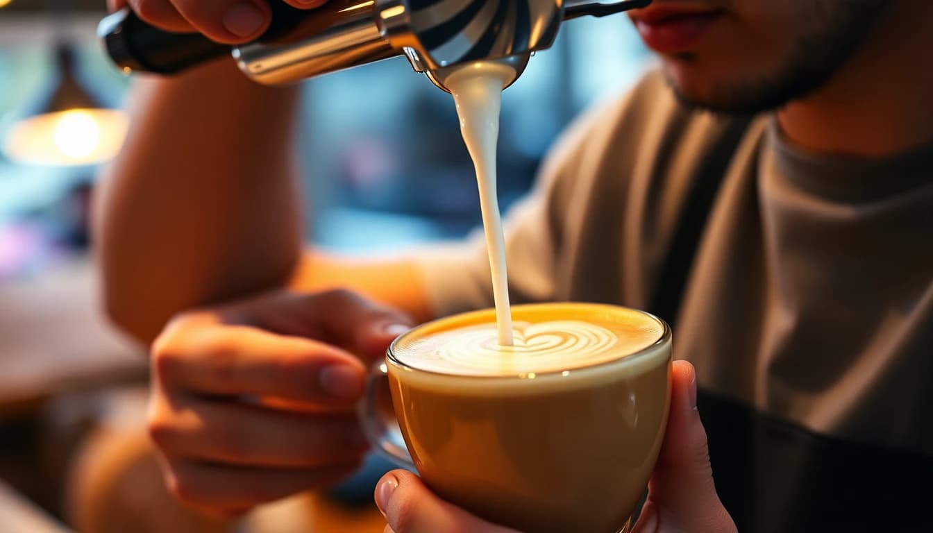 Barista gießt einen Latte ein, eine typische Szene für Hochformat-Kurzvideos