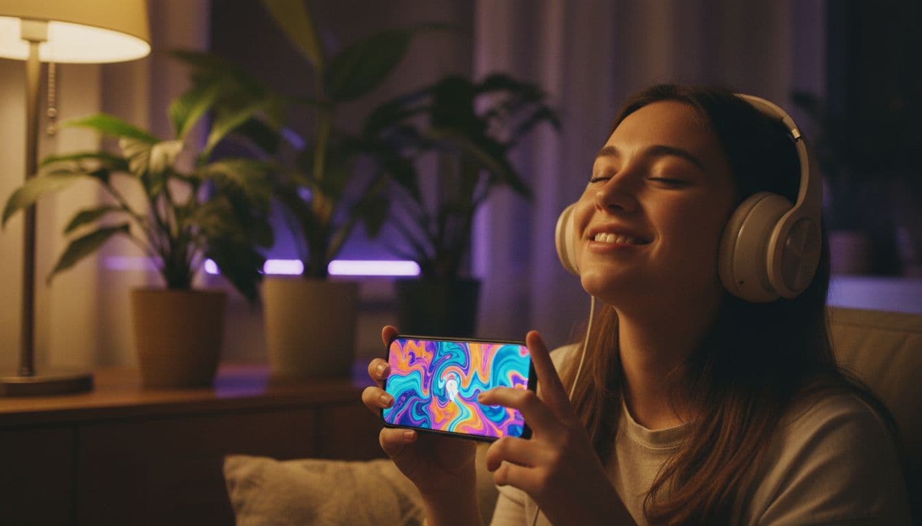 ヘッドホンをつけて、音声付きAI動画生成のクリップをスマートフォンで見ながら笑顔になるクリエイター