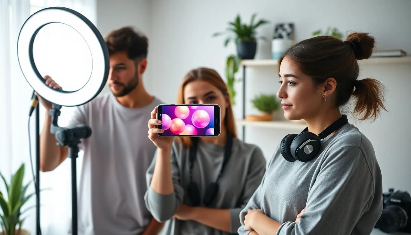 明るいホームスタジオで3人の小さなコンテンツチームが投稿前にスマートフォンで音声付きAI動画生成のクリップを確認している